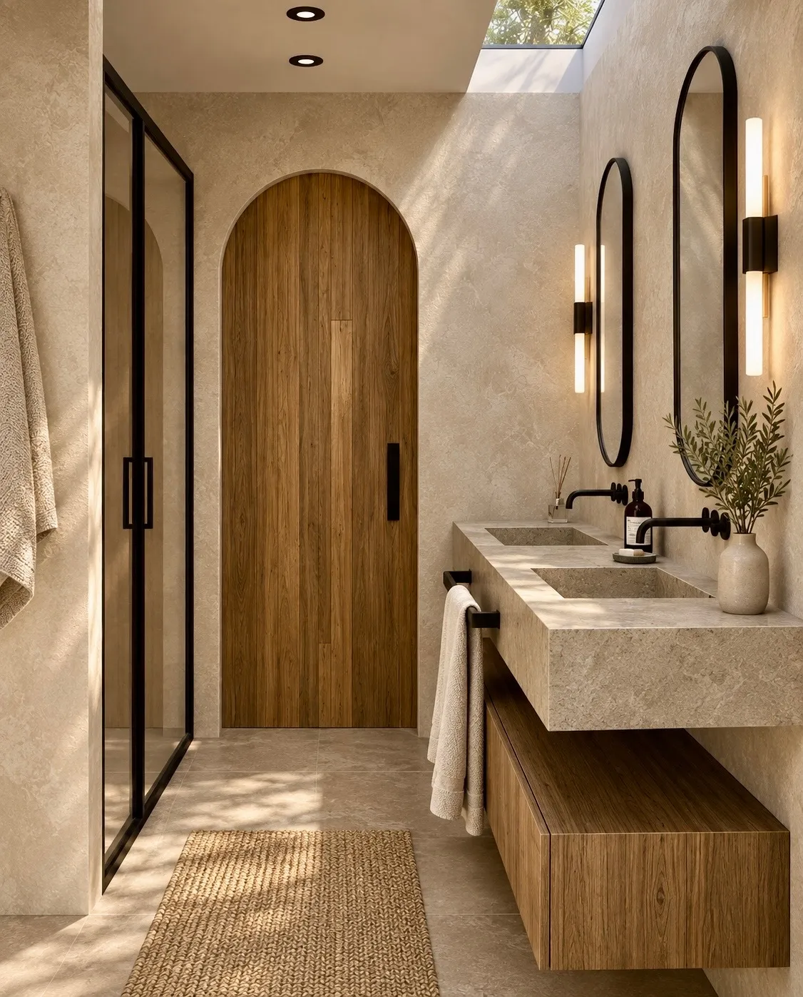 Baño con puerta de arco de madera, doble lavabo de piedra y espejos ovalados