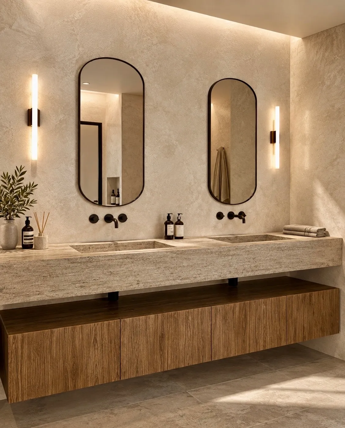 Doble lavabo de travertino con mueble de nogal y apliques de luz