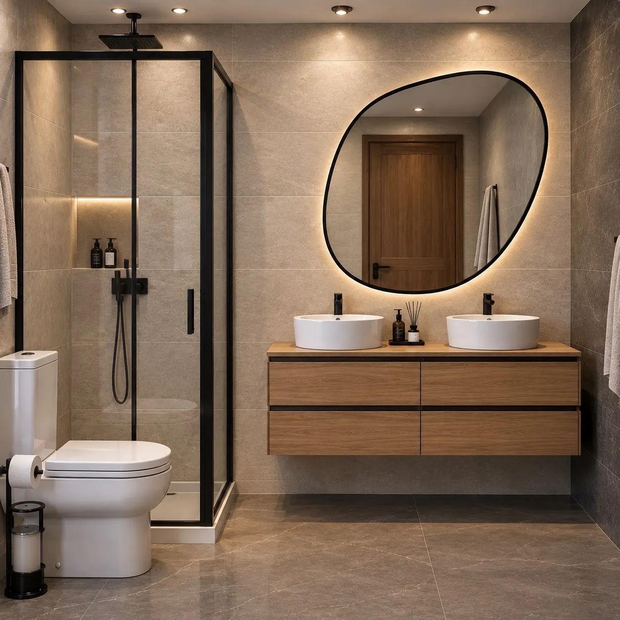 Baño con gres de gran formato, mueble de roble suspendido, doble lavabo y espejo orgánico retroiluminado