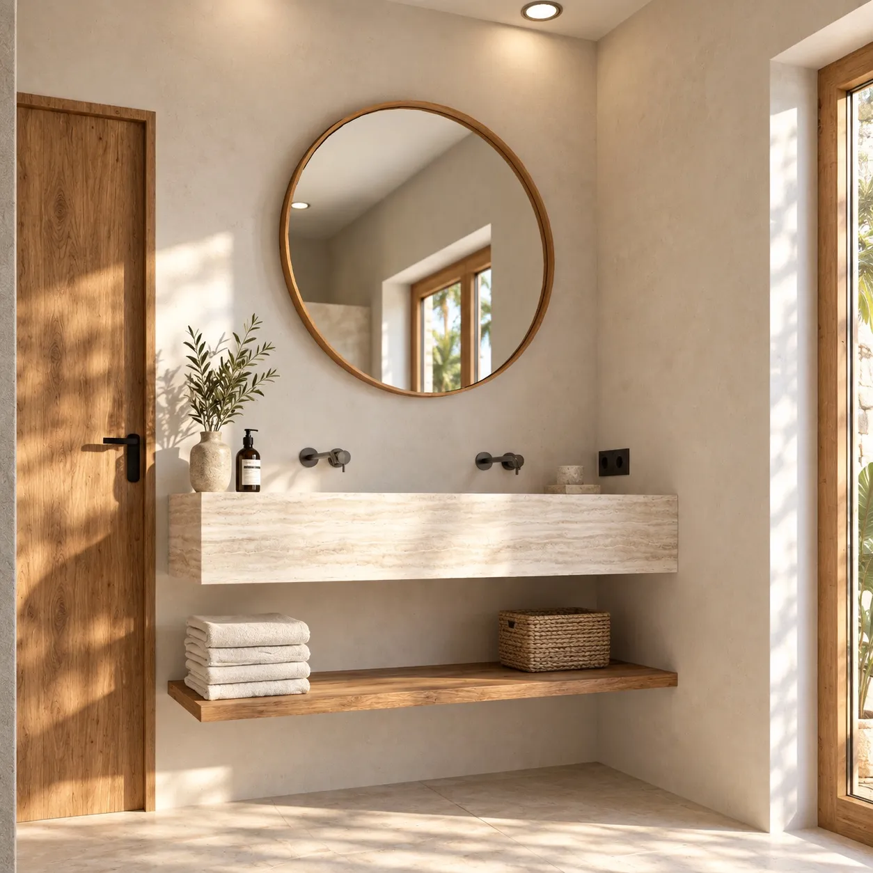 Baño con lavabo de travertino y espejo redondo