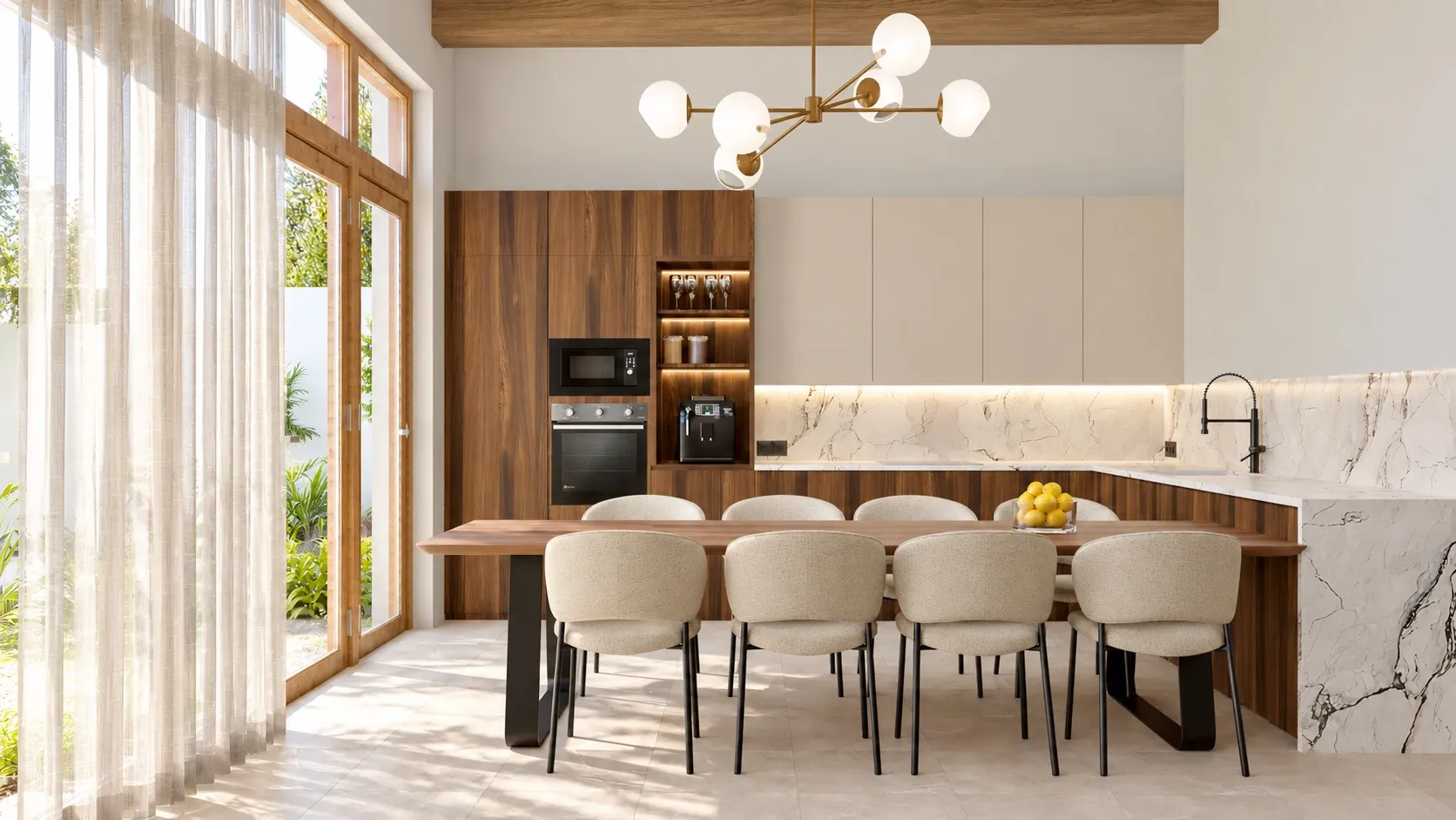 Cocina abierta con isla de mármol y muebles de nogal