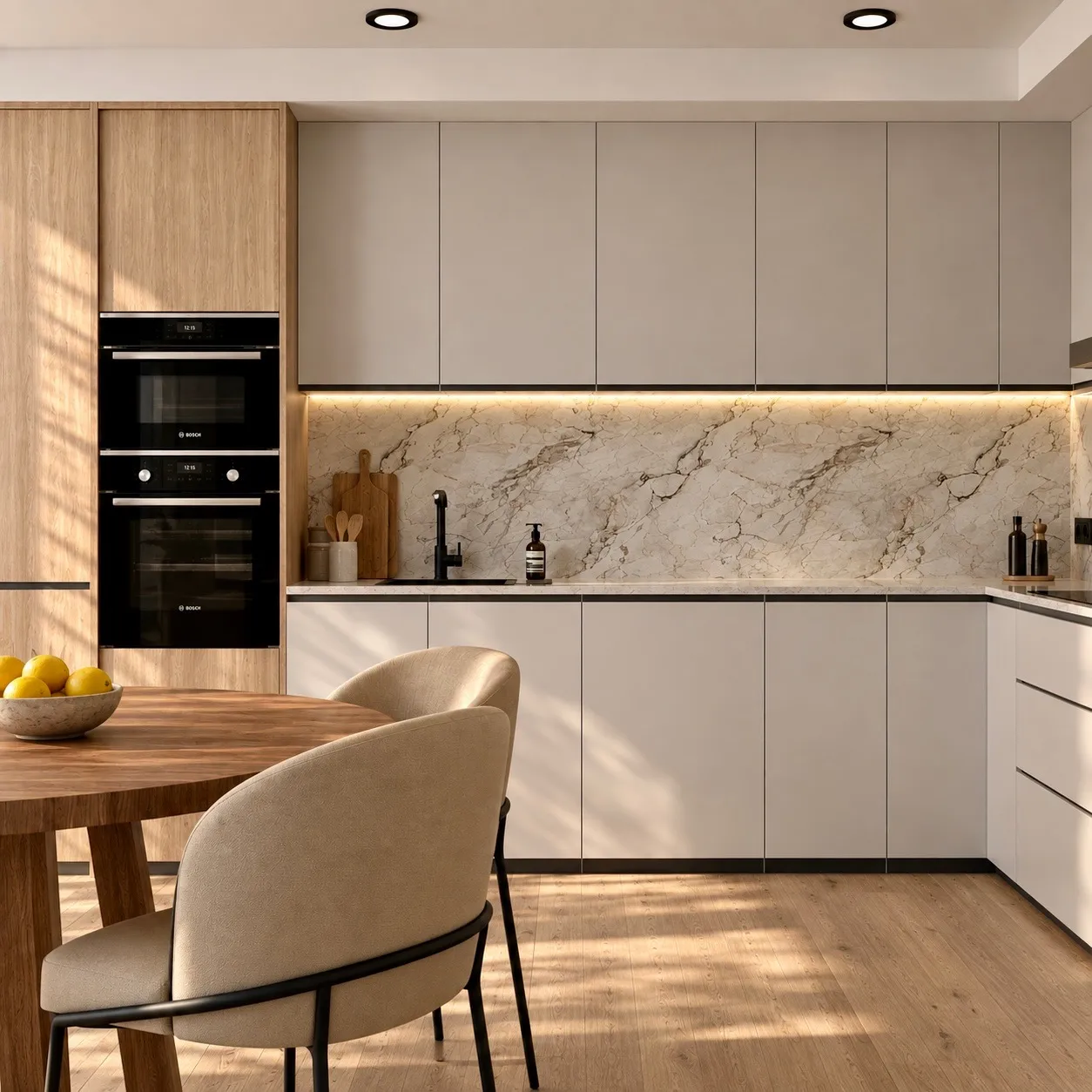 Cocina en tonos arena con frente de mármol retroiluminado y hornos integrados