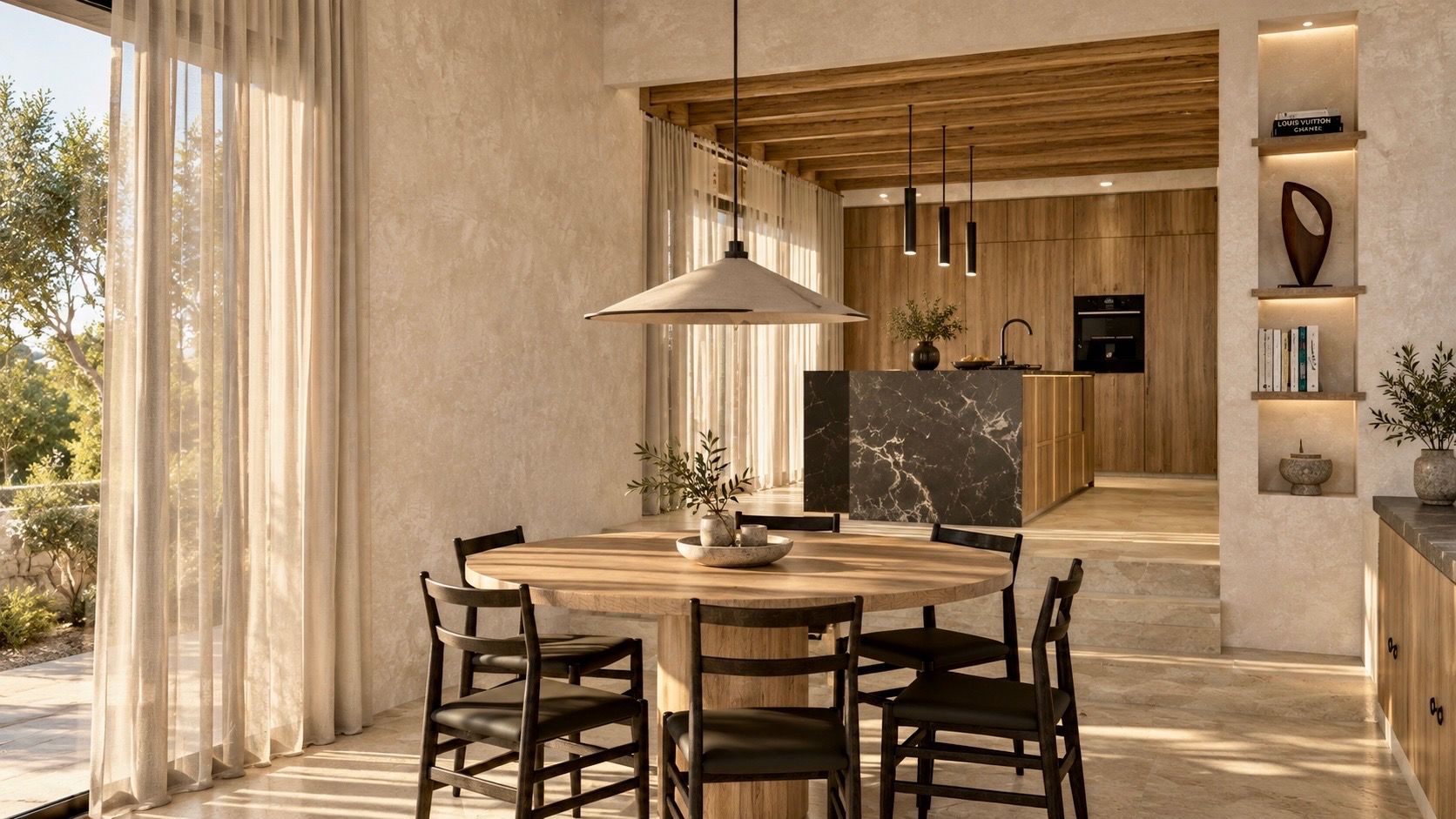 Comedor y cocina de una vivienda en Ibiza con estuco de cal y madera, proyecto de Kamay