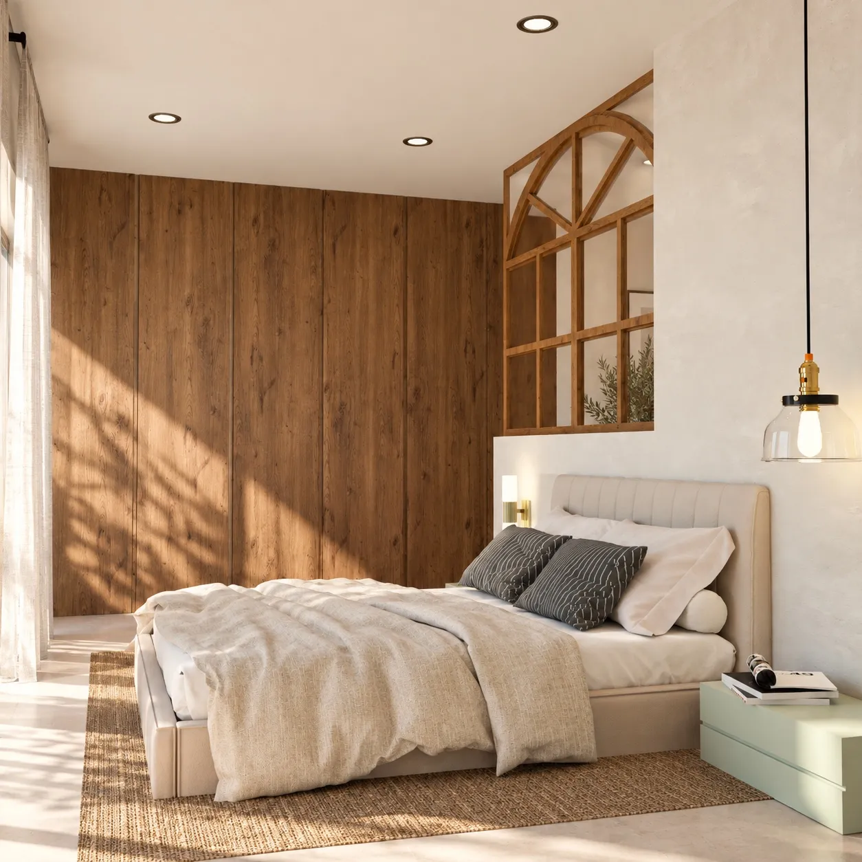 Dormitorio principal de una vivienda en Ibiza con armario de madera y cabecero de obra, diseño de Kamay