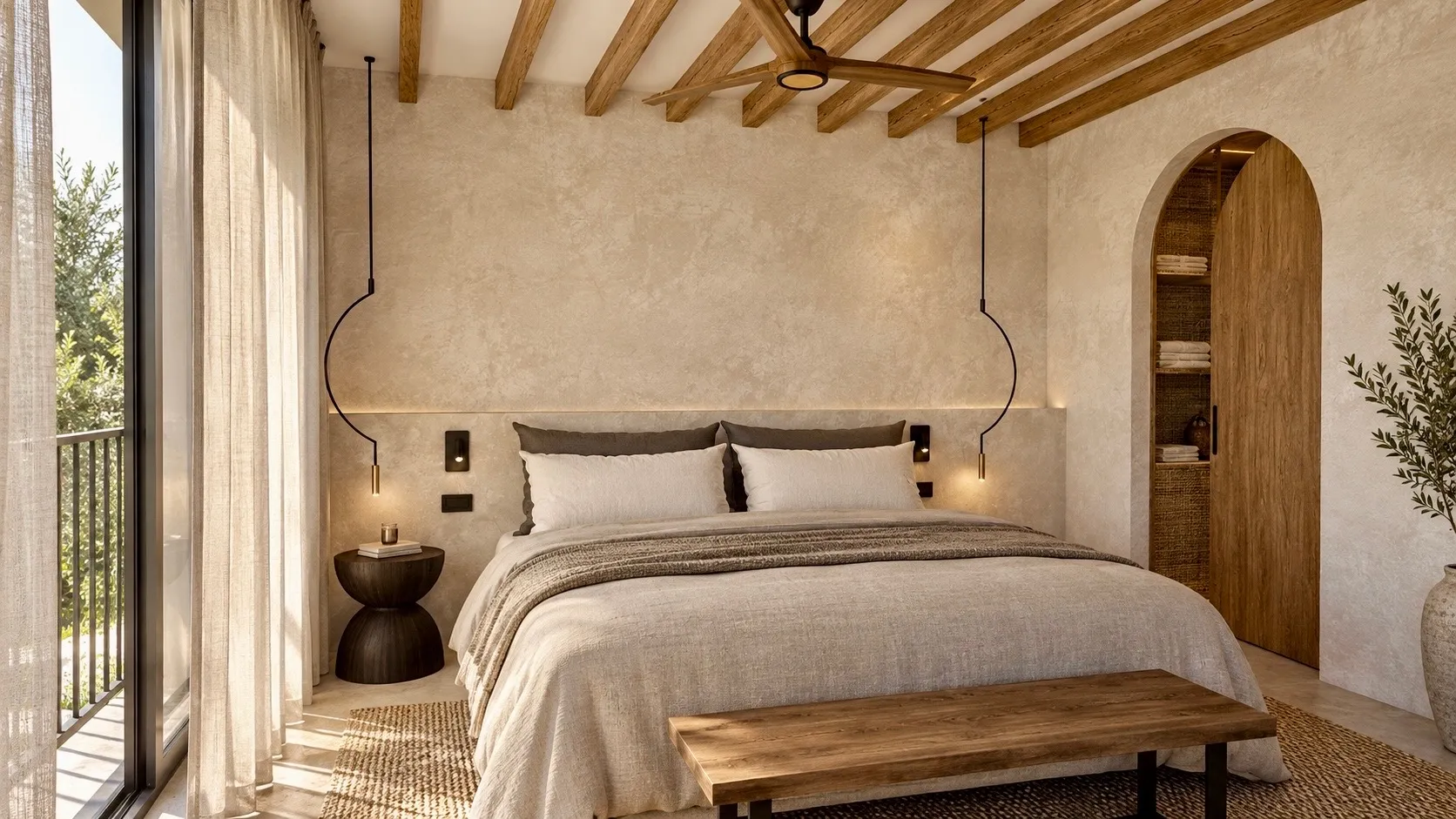 Dormitorio con vigas vistas, cabecero retroiluminado y vestidor en arco