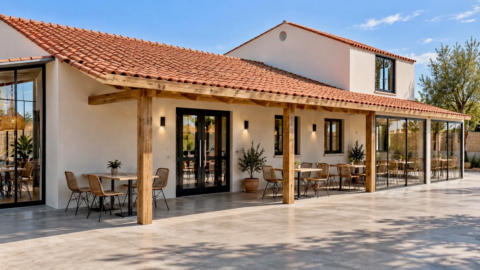 Fachada del restaurante con cubierta de teja, porche de madera y terraza con mesas