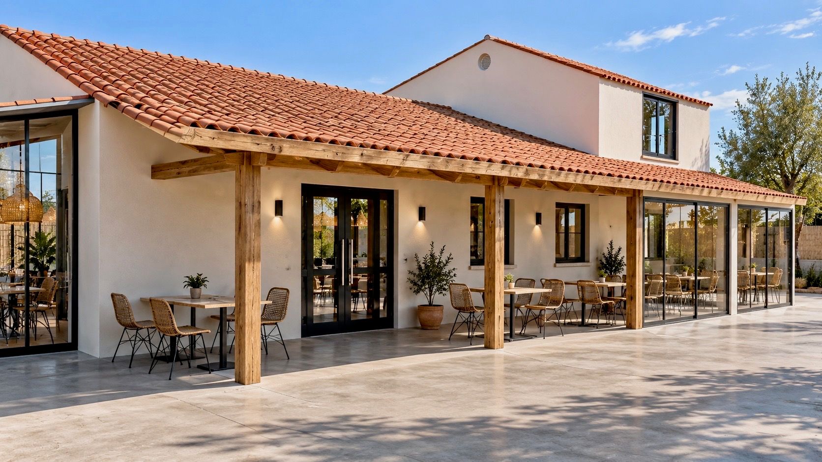 Fachada de un restaurante con cubierta de teja, porche de madera y terraza, proyecto de Kamay