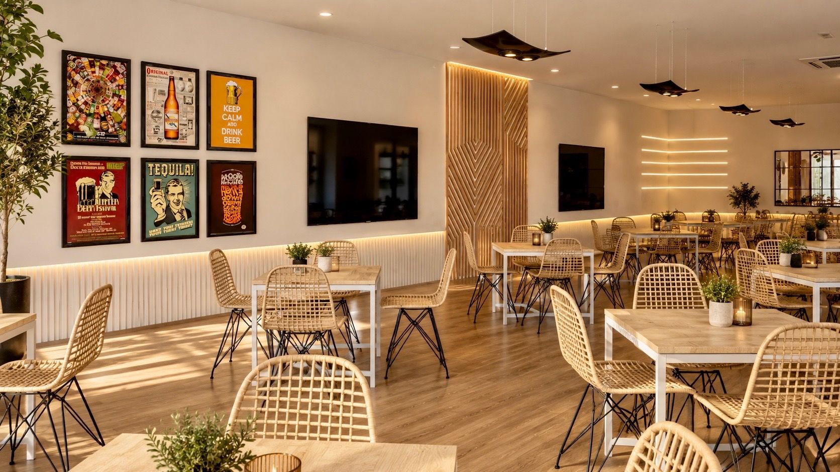 Restaurante con sillas de fibra natural, mesas de madera y panel de listones, interiorismo de Kamay