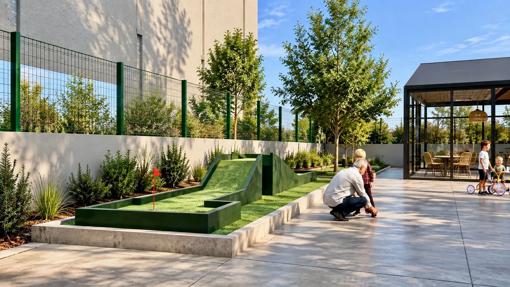 Minigolf integrado en los parterres del jardín del restaurante