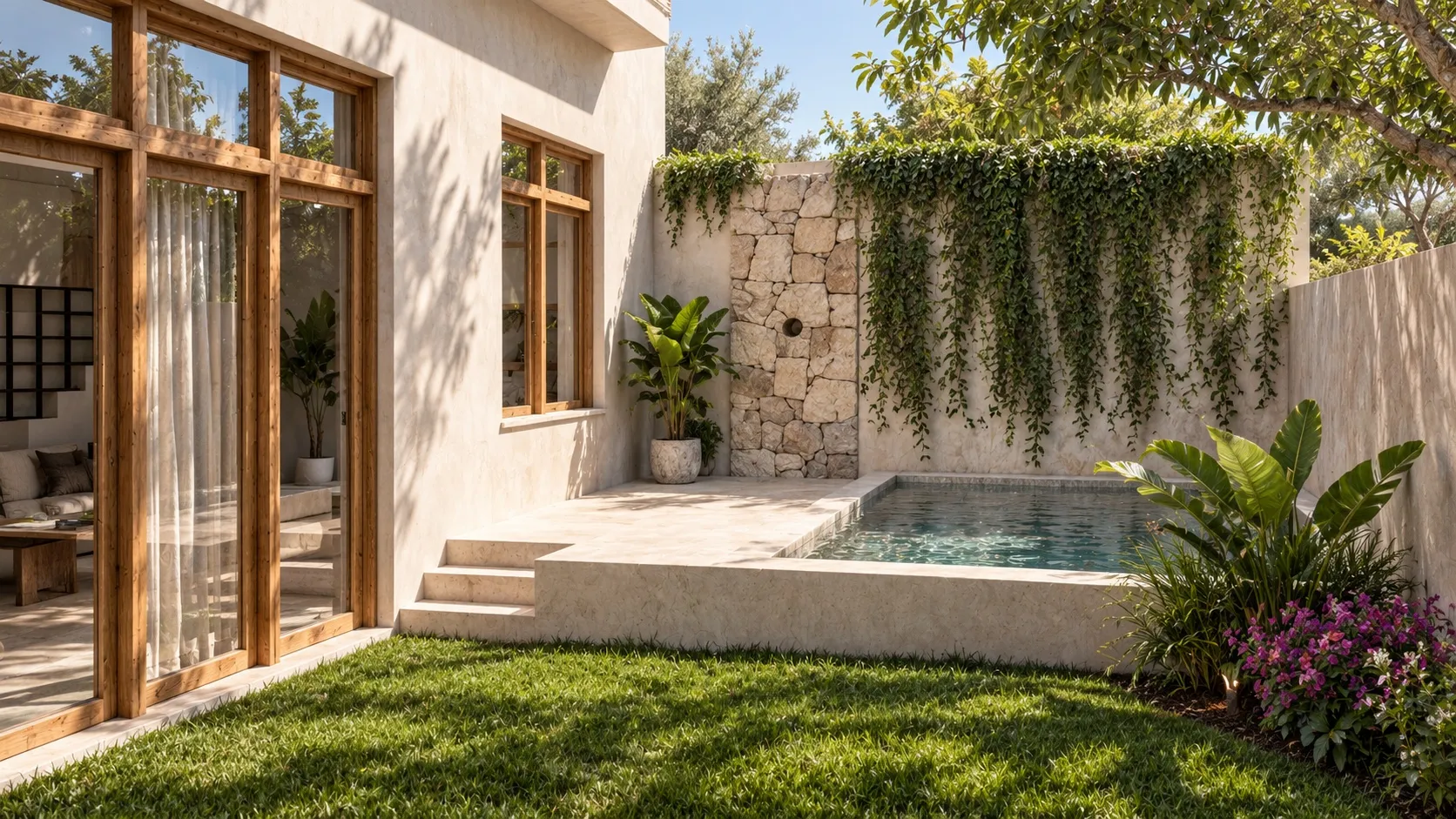 Patio con piscina, muros de cal y carpinterías de madera de la casa en Alaró