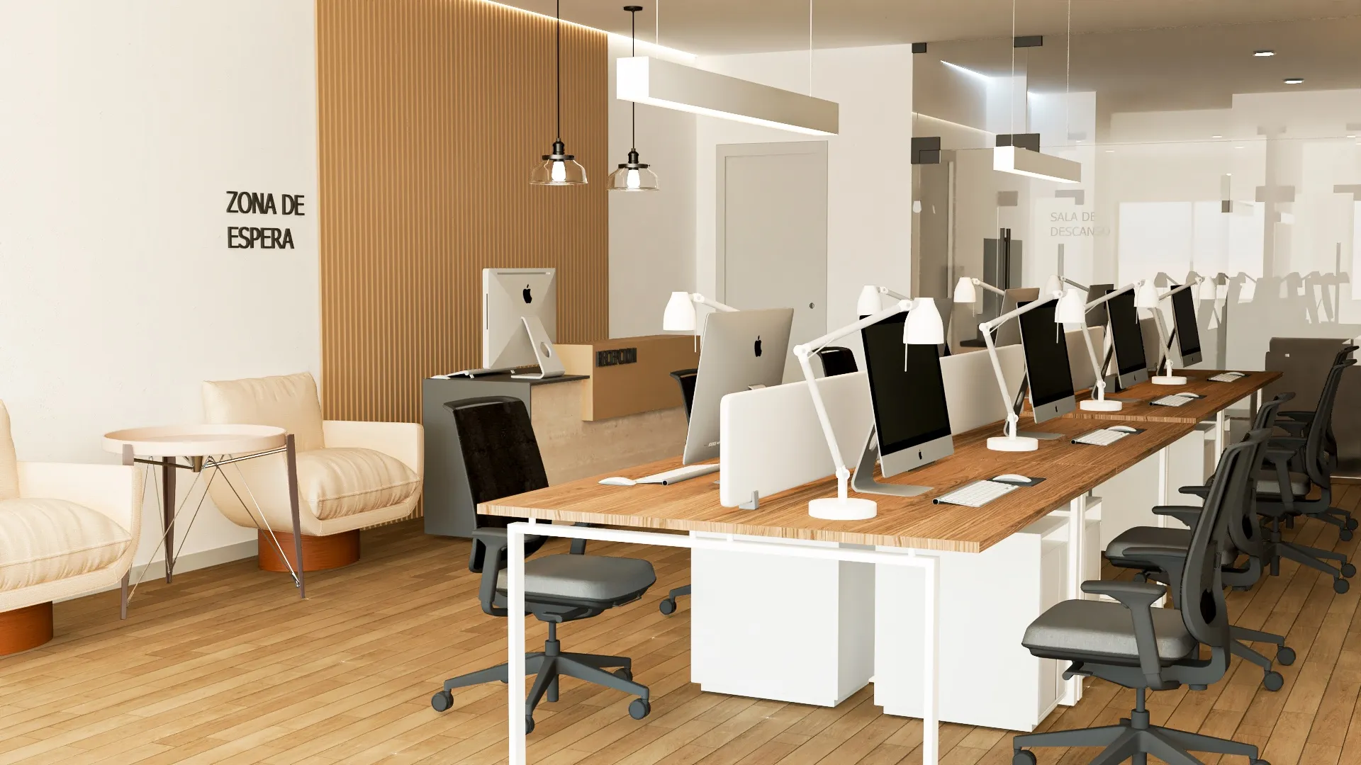 Coworking de planta abierta con zona de espera, recepción y puestos de trabajo compartidos