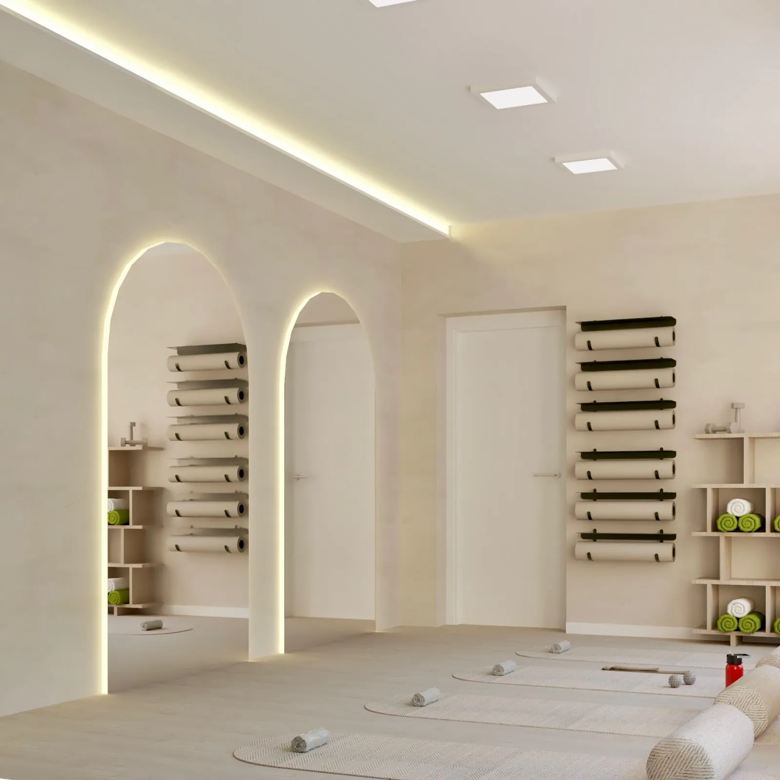 Sala de entrenamiento con pared de papel de hojas y pelotas de pilates