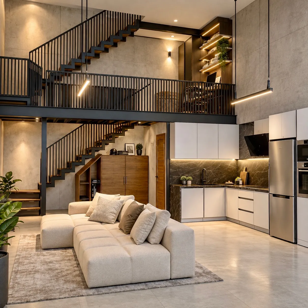 Salón a doble altura con altillo, escalera de acero negro y cocina abierta con frente de mármol oscuro