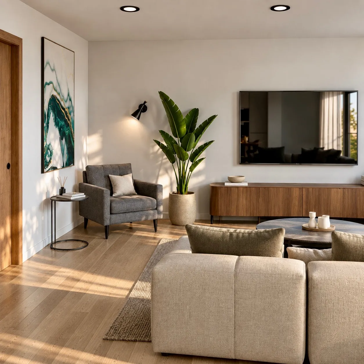 Salón con sofá de lino, butaca gris y mueble bajo de nogal