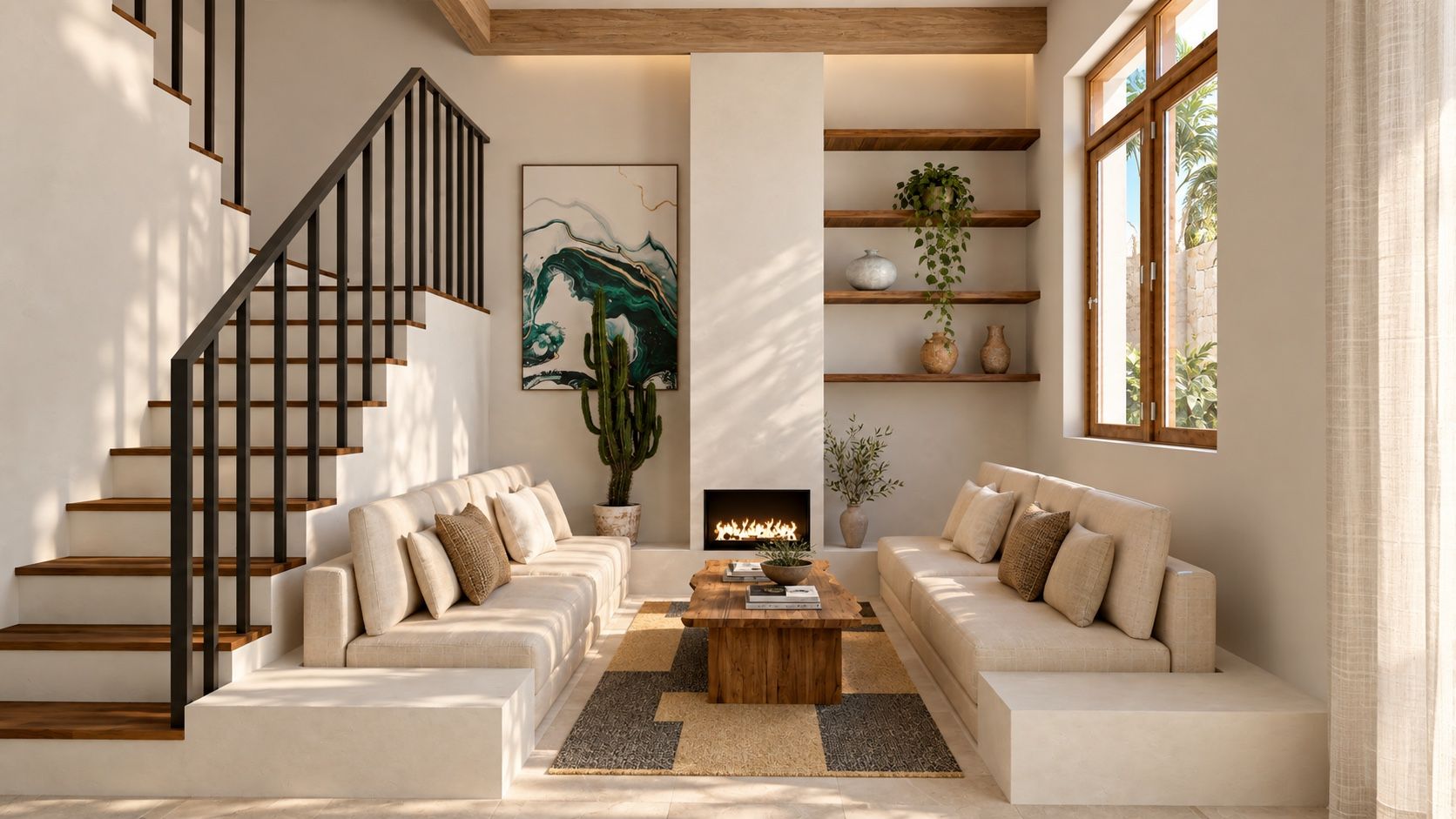 Salón de una vivienda en Ibiza diseñada por Kamay, con chimenea, escalera y luz natural