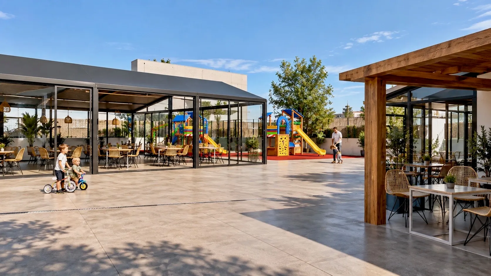 Terraza con pabellón acristalado, pérgola de madera y parque infantil