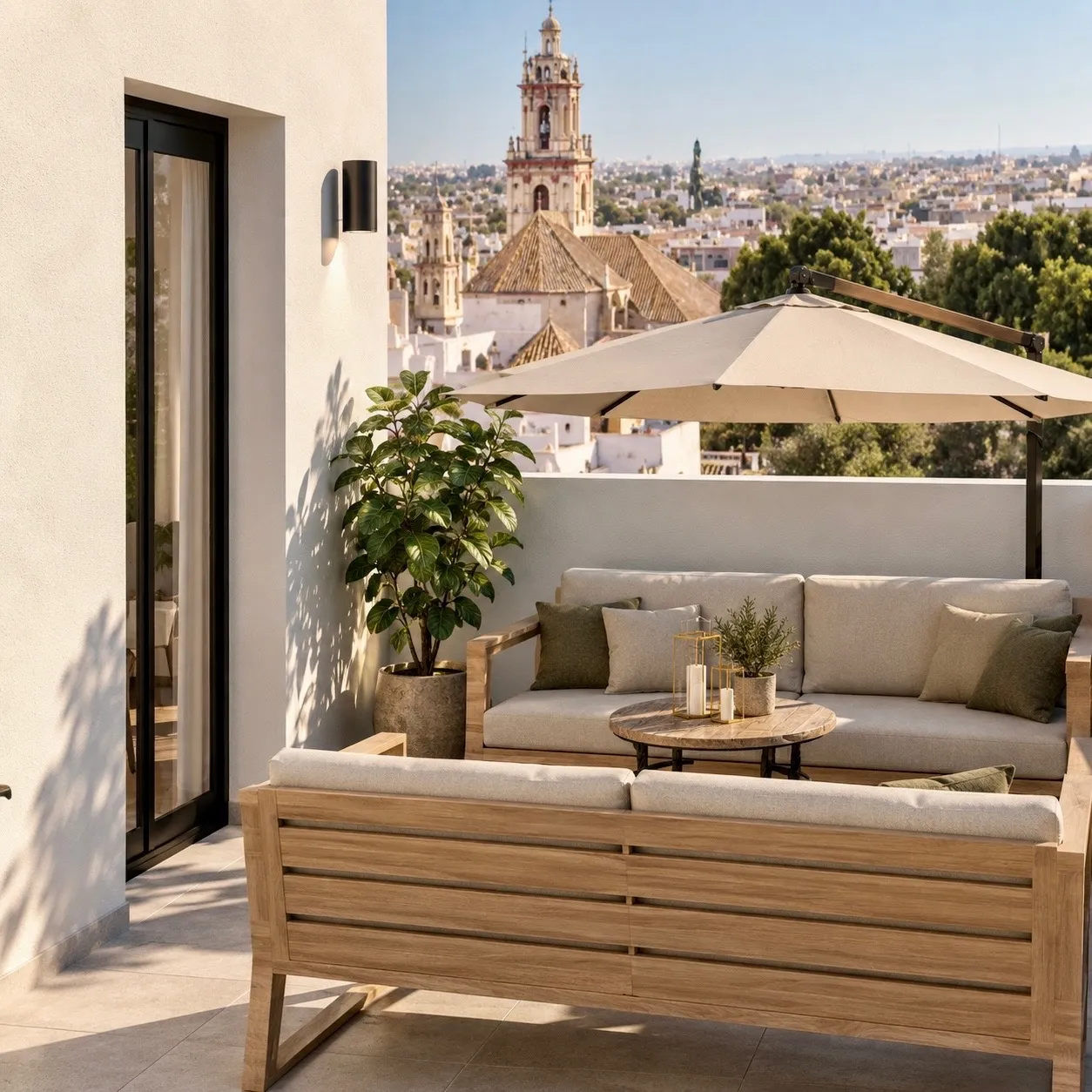 Terraza con sofás de teca y sombrilla y vistas a las torres del casco histórico de Sanlúcar