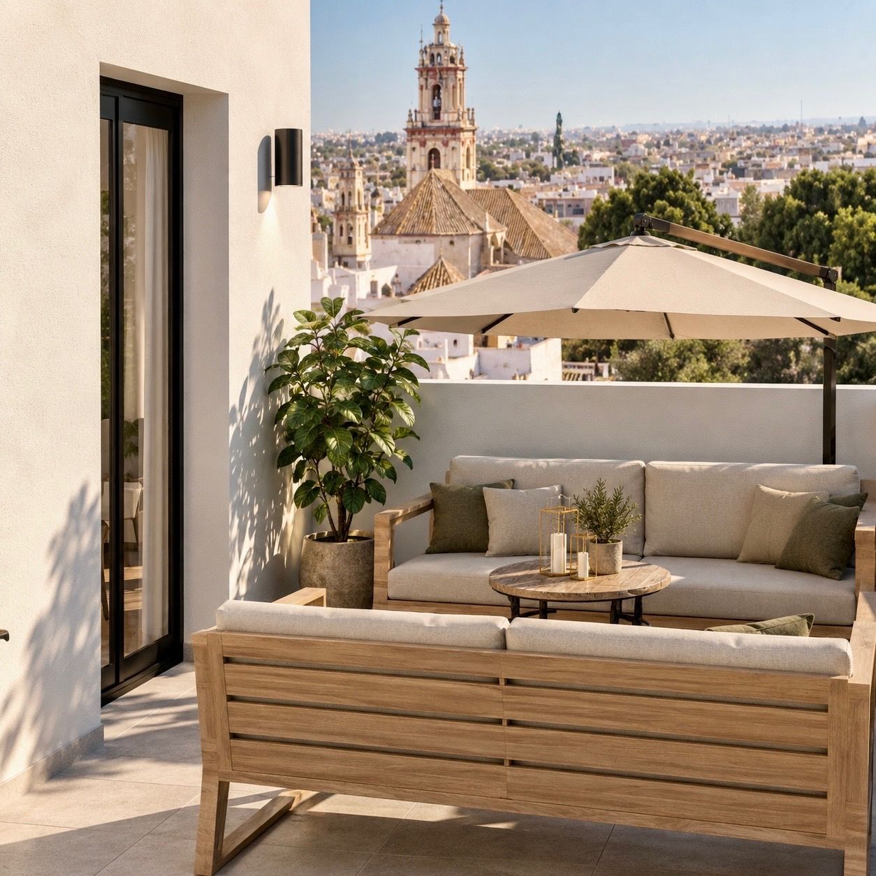 Terraza de una vivienda con sofás de teca y vistas, proyecto de Kamay