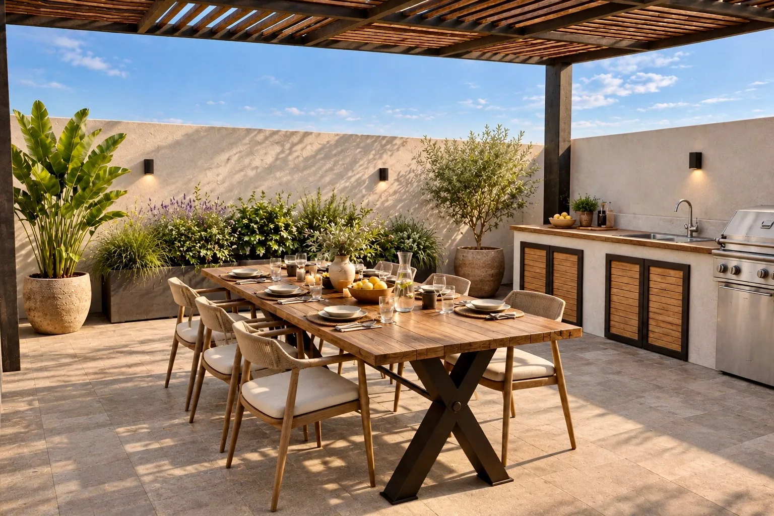 Terraza con pérgola de listones, cocina exterior con barbacoa y mesa de comedor de madera